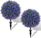 AOKIIE Set of 2 Artificial Purple Boxwood Topiary Ball Tree for Outdoor with Ground Spike, 22" UV Resistant Faux Greenery Shrubs, Fake Plants for Garden Yard Porch Patio(Purple)