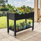 DWVO Raised Garden Bed Kit, 3.6 x 1.5 x 2.8 FT Outdoor Plastic Planter Box with Wheels and Legs, Garden Box with Drain Plug & Storage Shelf for Planting Vegetables, Flowers, and Herbs, Black