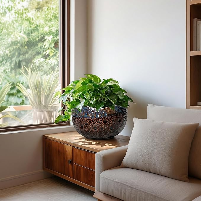 Ceramic Planter 10 Inch - Ceramic Plant Pots for Indoor Outdoor, Decorative Flower Pot with Drainage Hole and Plug, Round Unique Pots for Plants, Room Balcony Decor, Garden Gifts, Brown-blue
