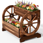 Wooden Wagon Planter Box, Extra Large 2-Tier Decorative Flower Cart with Wheels, Rustic Wood Planter with Drainage Holes & Non-Woven Liner, Raised Garden Bed for Flowers Herbs Vegetables
