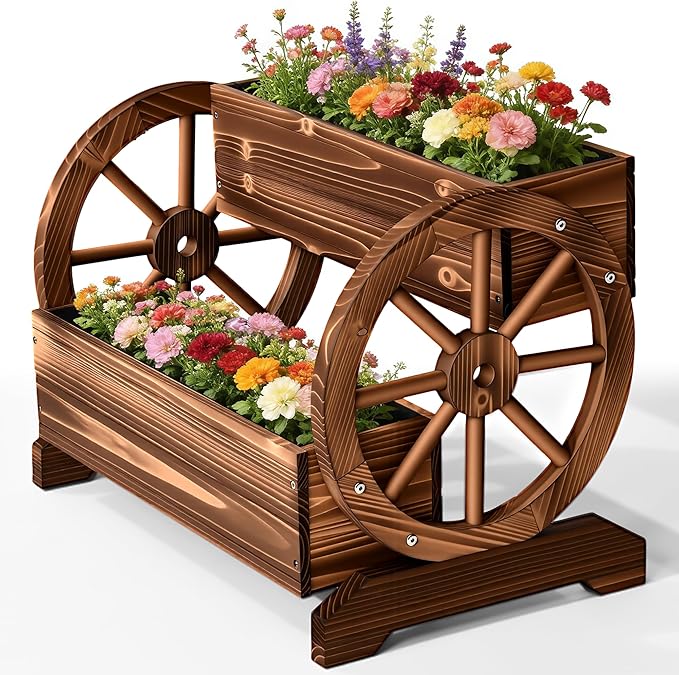 Wooden Wagon Planter Box, Extra Large 2-Tier Decorative Flower Cart with Wheels, Rustic Wood Planter with Drainage Holes & Non-Woven Liner, Raised Garden Bed for Flowers Herbs Vegetables