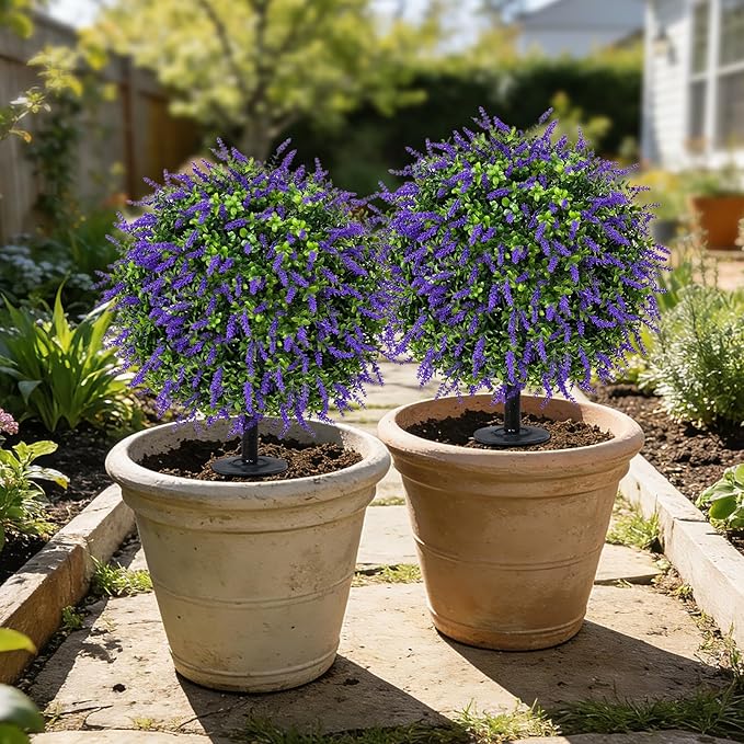 Bdor 25" Artificial Lavender Topiary Ball Trees with Ground Stake, Faux Potted Plants Purple Lavender Set of 2, Outdoor Fake Flower Bushes, UV Resistant for Home Lawn and Front Porch Garden Decor