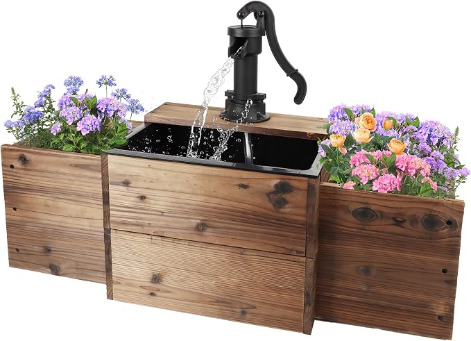 OIPRTGFJ Outdoor Water Fountain,Floor Wooden Rectangular Pump Old-Fashioned Fountain with Flower Box,Electric Decorative Hand Pump, Outdoor Water Feature for Garden Patio Backyard