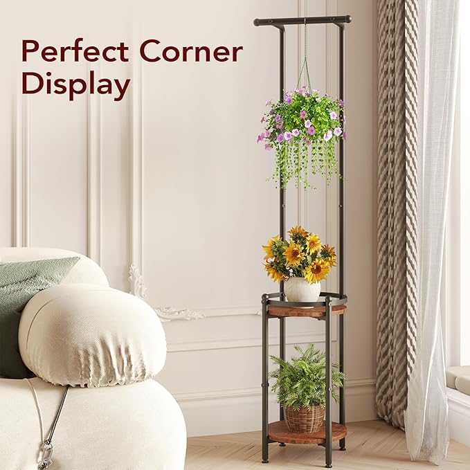 Homsorout Plant Stand Indoor Outdoor - Heavy Duty Metal 2-tier Hanging Plant Holder Space-Saving Iron Plant Stands Tall Plant Shelf for Living Room Garden Balcony（Rustic Brown and Black）