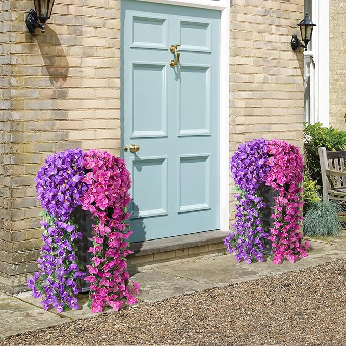 ATTGREAT Artificial Bougainvillea for Outdoors Faux Plants UV Resistant Flowers Fake Plastic Plants Realistic Silk Flowers for Porch Planter Garden Hanging Decoration, 2Pcs (Purple & Purple Red)