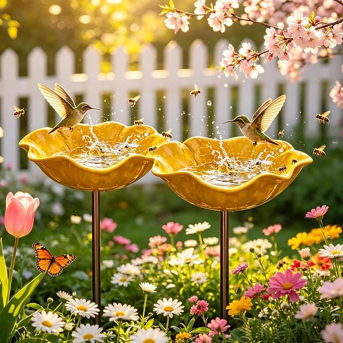 Metal Flower Garden Stakes Bird Bath, Decorative Outdoor Bird Feeder for Garden Yard Art, Handmade Rustproof Metal Flower Stakes for Attracting Birds Backyard Lawn Patio Decorations (Dark Yellow-2pcs)
