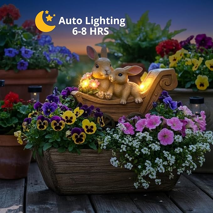 PRETMANNS Solar Garden Outdoor Statue Bunny Decor with Lights - Rabbit Lawn Ornament for Outside Yard Patio - Animal Figurines Gift for Mom Grandma - Waterproof Resin Garden Statues Outdoor – Large