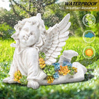Solar Cherub Angel Outdoor Garden Decor Statues - 7 inches Baby Angel Figurines Outdoor Sculptures with Succulent, Garden Statues for Outside, Patio, Balcony, Lawn Ornaments or Housewarming Gift