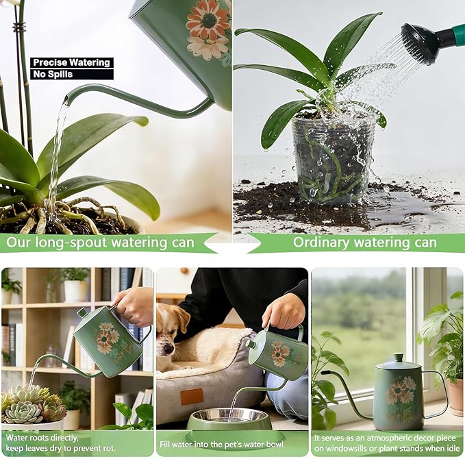 OFFIDIX Watering Can for Indoor Plants,Long Spout Metal Stainless Steel 21 oz Small Indoor Plant Watering Can with 14 oz Glass Plant Mister Spray Bottle for Inside