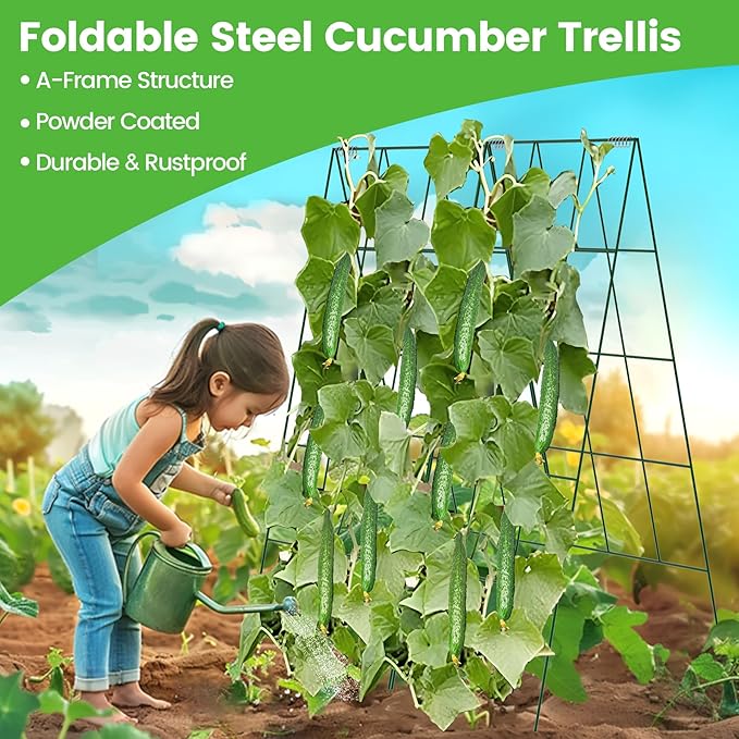 Foldable Cucumber Trellis - 2 Pack, A-Frame Garden Trellis 46" L x 18" W, Steel Climbing Plants Support Raised Bed Trellis with Twist Ties & Plant Bags for Climbing Plants Outdoor