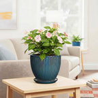 Ceramic Plant Pots, 8 Inch Planters for Indoor Plants, Decorative Flower Pots with Drainage Hole and Saucer, Round Planter, Indoor Flower Pot, Modern Home Decor, Plant Lover Gifts, Retro Blue
