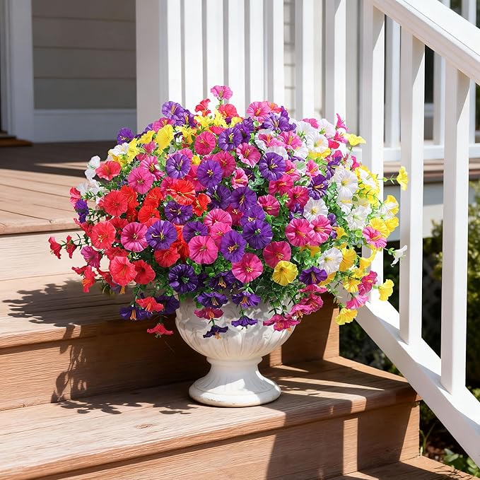 Ivydale 24 Bundles Artificial Flowers for Outdoors Spring Plants Outdoor Decor, Faux Silk Morning Glory Fake Flowers Bulk Petunias Realistic UV Resistant for Outside Porch Patio Window Garden Yard