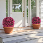 Grooy Artificial Topiary Tree with Pink Eucalyptus, Set of 2 Artificial Shrub Bushes with Ground Spike, Fake Evergreen Tree for Porch, Artificial Plants for Outdoor Planters Indoor UV Resist