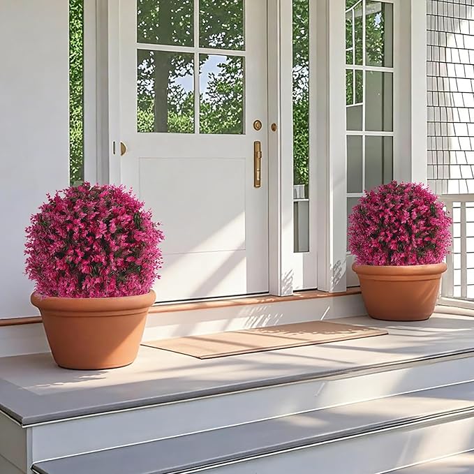 Grooy Artificial Topiary Tree with Pink Eucalyptus, Set of 2 Artificial Shrub Bushes with Ground Spike, Fake Evergreen Tree for Porch, Artificial Plants for Outdoor Planters Indoor UV Resist