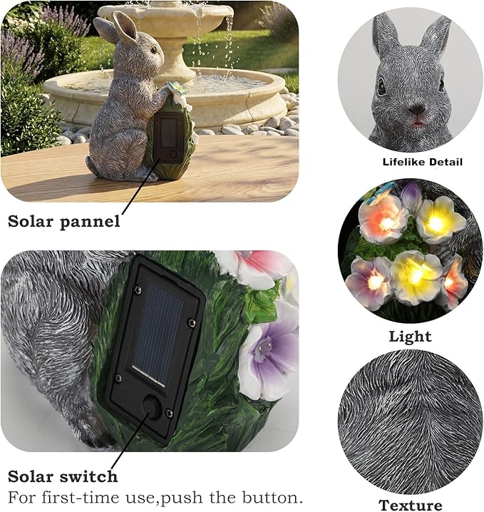 PETAFLOP Solar Garden Statues Outdoor Decor, Rabbit Figurines with Flowers for Patio Balcony Lawn Yard Decorations, Birthday Housewarming Gifts for Women Mom Grandma