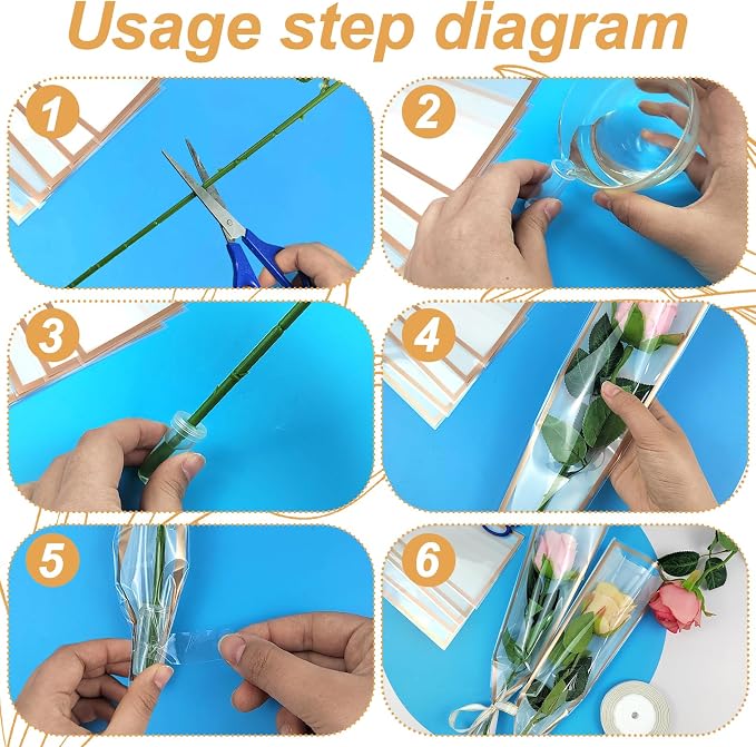 Flower Packaging Kit, 100 Flower Wrapping Bag Single Rose Sleeve 100 Floral Water Tubes 72ft Ribbon Single Flower Packaging Bags for Wedding Mother's Day Florist Birthday Flower Wrapping (White)