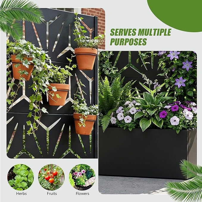 Casaphoria Metal Raised Garden Bed with Trellis, 59"x30"x12" Planter Box for Climbing Plants, Vegetables & Vines, Features Drainage Holes and Privacy Screen, Black-Star