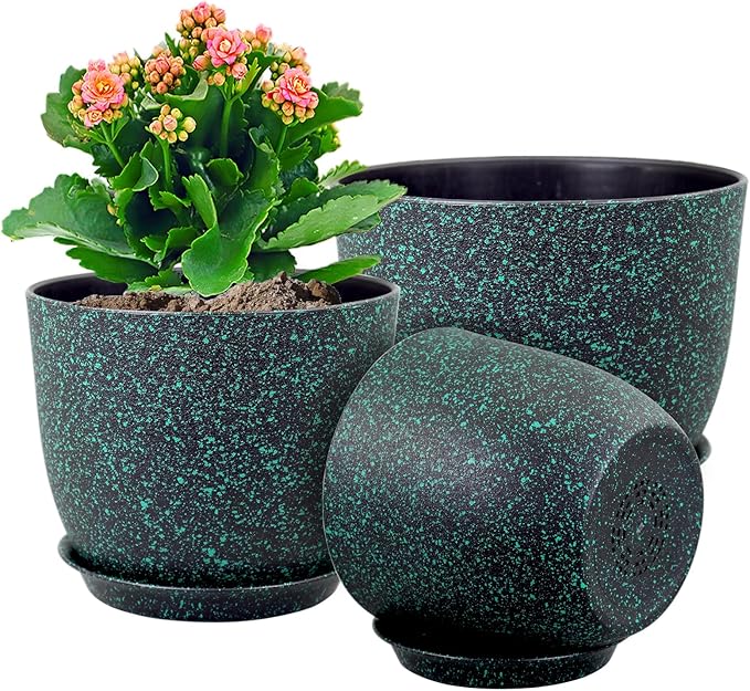 WSMKSZ Plant Pots 10/9/8 inch, Set of 3 Modern Decorative Plastic Planters with Drainage Holes and Saucers for Garden House Plants, Flower Pots for Indoor Outdoor Plants, Black with Green Speckles
