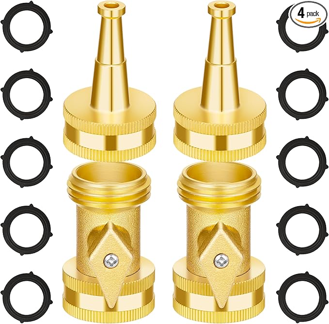 AUTOMAN Brass Hose Nozzle - High Pressure Jet Nozzle 4 Count (2 Set), Heavy Duty Water Hose Sprayer Sweeper with Hose Shutoff Valve, 3/4” GHT Nozzles for Garden Hose, Car Wash, Extra 10 Rubber Washers