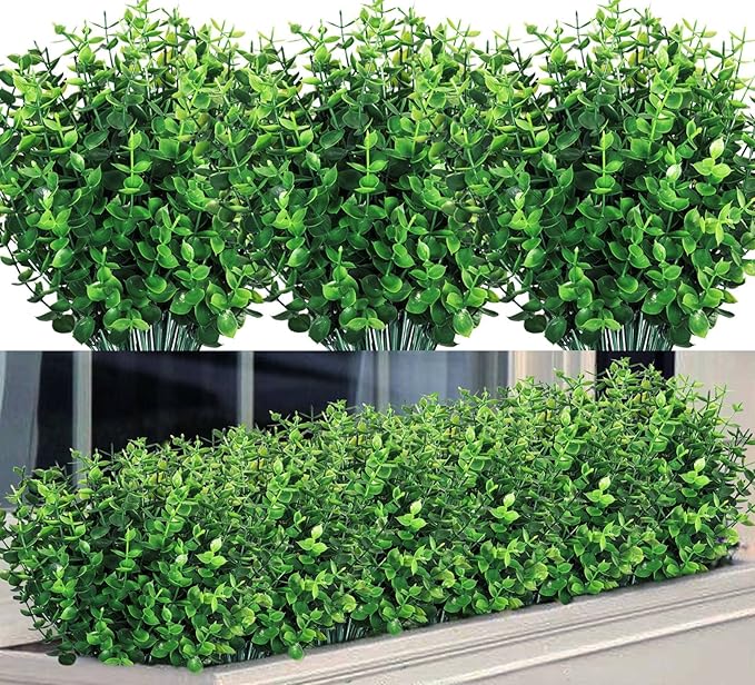 Ouddy Decor 8 Bundles Artificial Greenery Stems Fake Plants Outdoor UV Resistant Faux Plastic Boxwood for Kitchen Office Garden Porch Farmhouse Window Box Home Decor