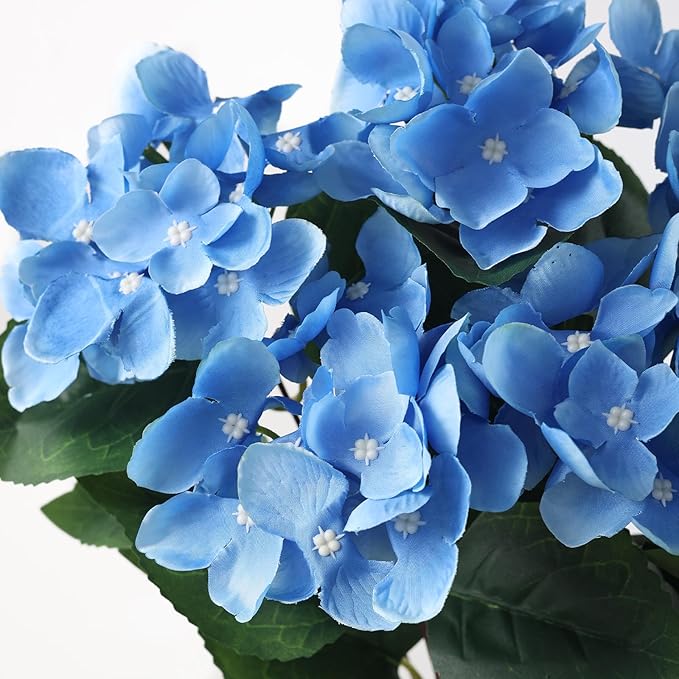 FOTEEWL 16 Bundles Artificial Hydrangea Flowers for Outdoor Decor, Realistic Faux Silk Bouquets Sun-Resistant Fake Plants for Front Door Balcony Farmhouse Garden Home Spring Summer Decor (Blue)