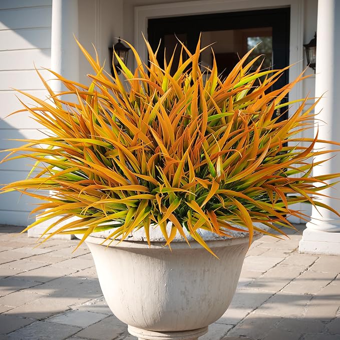 16 Pcs Artificial Plants Outdoor Fake Grass Faux Greenery Stems UV Resistant Plastic Plants Shrubs for Planters Patio Garden Front Porch Pathway Spring Summer Home Decor, Yellow