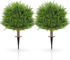 JTING' CHOISIR Set of 2 Artificial Cypress Cedar Boxwood Topiary Ball Trees with Ground Spike, 26 Inches UV Resistant Fake Plant Bushes Shrubs, for Indoor Outdoor Front Porch Garden(Cypress)