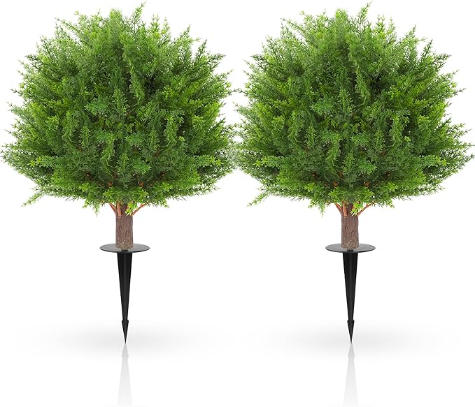 JTING' CHOISIR Set of 2 Artificial Cypress Cedar Boxwood Topiary Ball Trees with Ground Spike, 26 Inches UV Resistant Fake Plant Bushes Shrubs, for Indoor Outdoor Front Porch Garden(Cypress)
