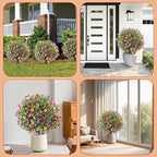 27.5" Artificial Flowers Boxwood Topiary Ball Tree Set of 2, UV Resistant Fake Bushes Shrubs with Ground Spike, Faux Evergreen Tree for Front Porch Outdoor Garden Decor
