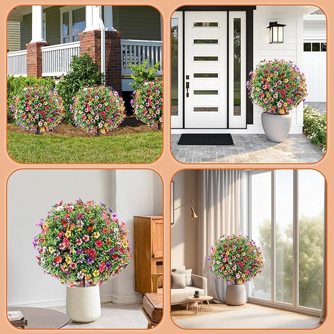27.5" Artificial Flowers Boxwood Topiary Ball Tree Set of 2, UV Resistant Fake Bushes Shrubs with Ground Spike, Faux Evergreen Tree for Front Porch Outdoor Garden Decor