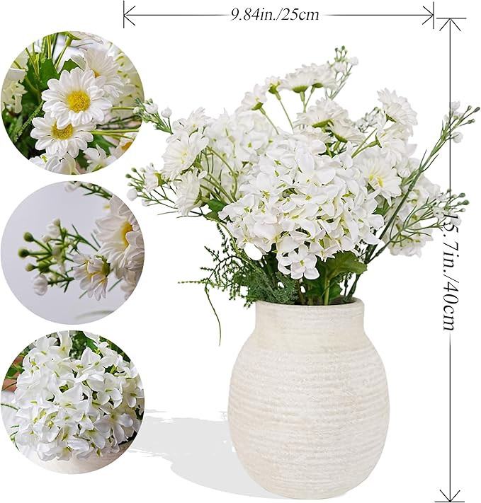 Jahe Hydrangea Artificial Flowers Mixed Potted Plant, Faux Hydrangea Flowers Fenterpieces for Tables, Fake Daisy Mixed Bouquet with Pot, Living Room Bedroom Bathroom Balcony, White