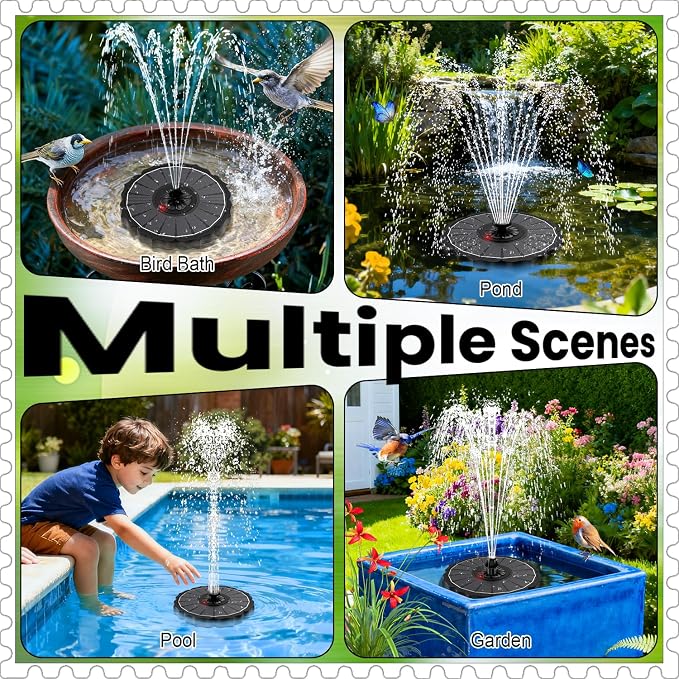 Yzert Solar Fountain with 2000mAh Battery & Innovative Indicator Works in Cloudy Day, 3.5W 2026 Glass Solar Water Fountain Pump Flower Shape with 7 Nozzles for Bird Baths, Ponds, Outdoors (Black)