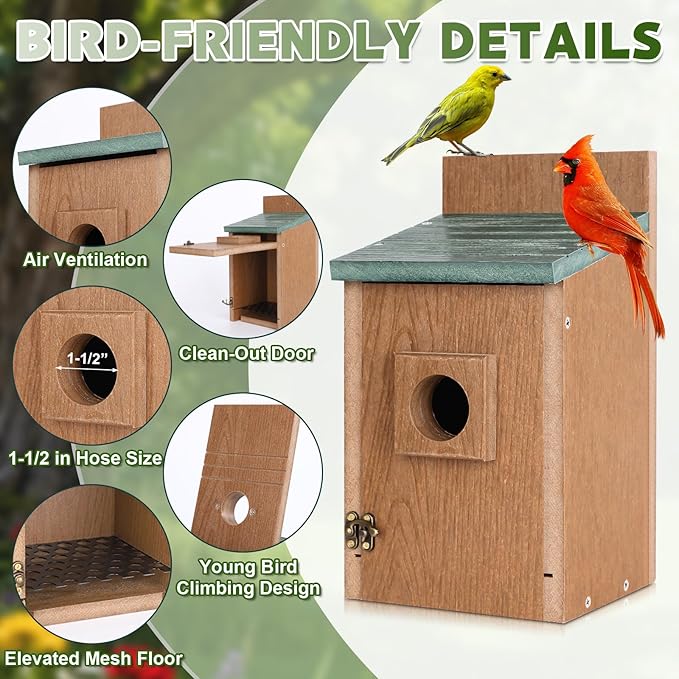 Gtongoko Recycled Plastic Bird Houses for Outside Clearance 1-1/2" Entrance Hole Blue Birdhouses for Outdoors with Air Vents Green & Brown Nesting Box for Bluebird Swallows Finches Chickadee 1 Pack