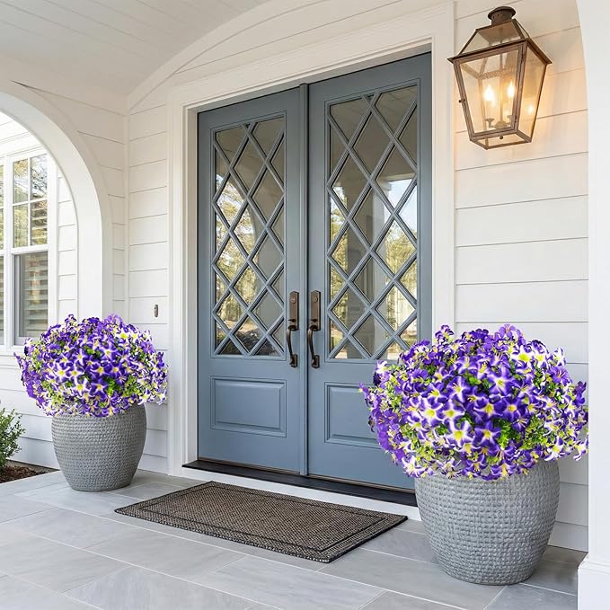 Daynight 16 Pcs Faux Petunias Artificial Flowers for Outdoors, UV Resistant Fake Purple Petunias Plants Realistic Silk Flowers for Porch Front Door Garden Window Outside Decor (16, Purple)