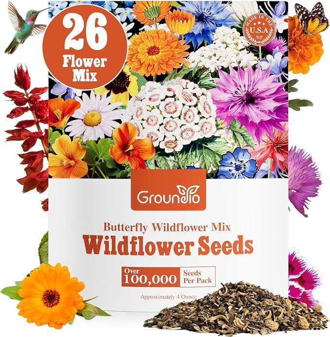 Groundio Wildflower Seeds Bulk, 4 Ounce, 200,000+ Seeds, 26 Varieties Annual & Perennial Flower Seeds Mix with Zinnia, Milkweed, Butterflyweed, Attracts Pollinators, Plant in Spring or Fall