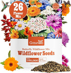 Groundio Wildflower Seeds Bulk, 4 Ounce, 200,000+ Seeds, 26 Varieties Annual & Perennial Flower Seeds Mix with Zinnia, Milkweed, Butterflyweed, Attracts Pollinators, Plant in Spring or Fall