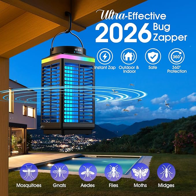 Bug Zapper Outdoor, 4-in-1 4200V Electric Mosquito Zapper, Cordless Rechargeable Bug Zapper Fly Zapper with 5000mAH Battery, Portable & Wireless Insect Zapper Waterproof IP68 for Patio Camping Home