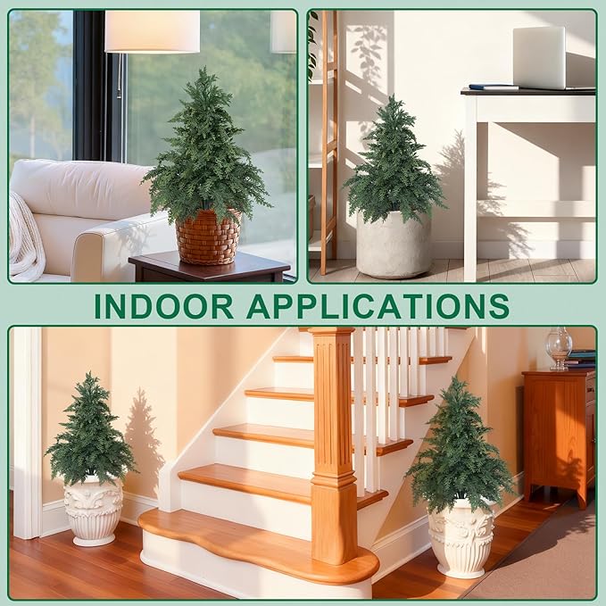 Artificial Cedar Topiary Trees with Ground Spike, 2 Pack Fake Pine Shrubs Bushes, UV Resistant Faux Evergreen Cypress Tree Plants for Indoor Outdoor Planters Front Porch