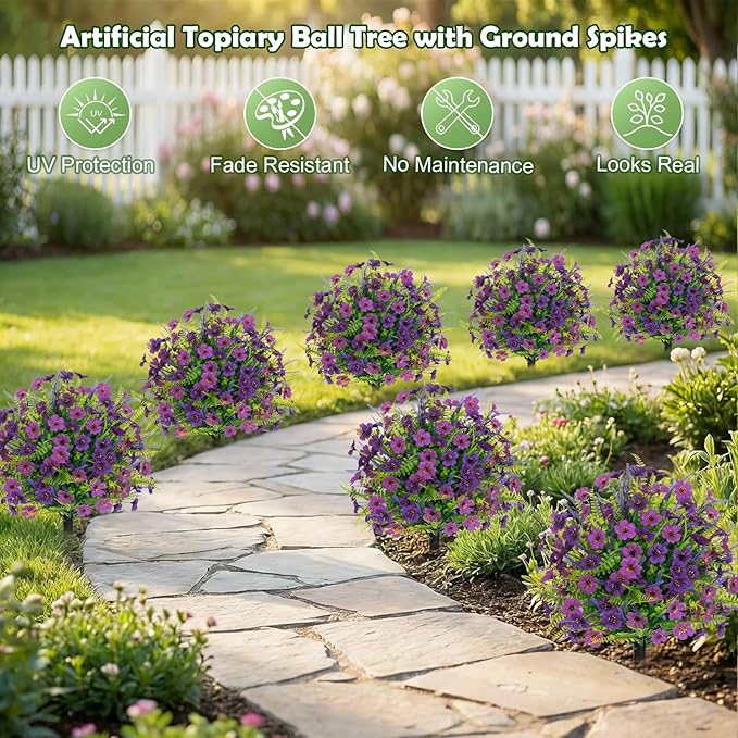 Artificial Lavender Topiary Ball Trees 2 Pack 24" with Stakes, UV Resistant Fake Outdoor Plants, Faux Boxwood Shrubs Bushes for Front Porch Planters Patio Garden Spring Decor