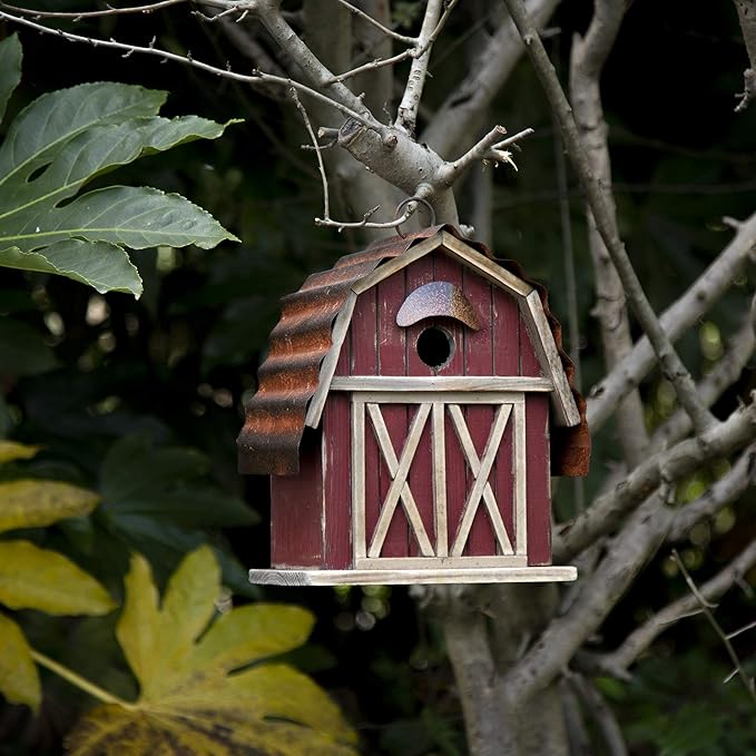 glitzhome 10.2" H Rustic Bird House Outdoor Garden Red Barn Patio Garden Decorative Handmade Distressed Solid Wood Birdhouse