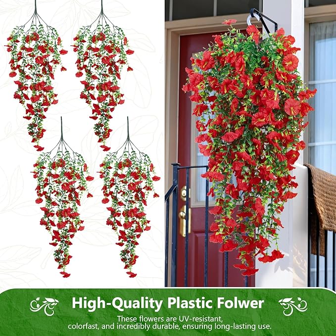 4-Pack Fake Hanging Plants, Faux Hanging Plant Artificial Greenery for Living Room Bedroom Boho Wall Shelf Indoor Outdoor Decor (Red Morning Glory)