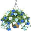 Artificial Flowers Hanging Baskets for Outdoors, 5PCS UV Resistant Faux Outdoor Plants, Fake Petunias Silk Flowers for Garden Balcony Yard Porch Decor (White Blue)