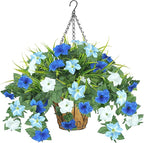 Artificial Flowers Hanging Baskets for Outdoors, 5PCS UV Resistant Faux Outdoor Plants, Fake Petunias Silk Flowers for Garden Balcony Yard Porch Decor (White Blue)