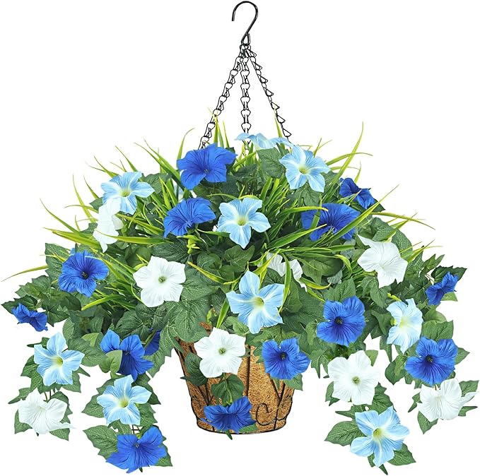 Artificial Flowers Hanging Baskets for Outdoors, 5PCS UV Resistant Faux Outdoor Plants, Fake Petunias Silk Flowers for Garden Balcony Yard Porch Decor (White Blue)