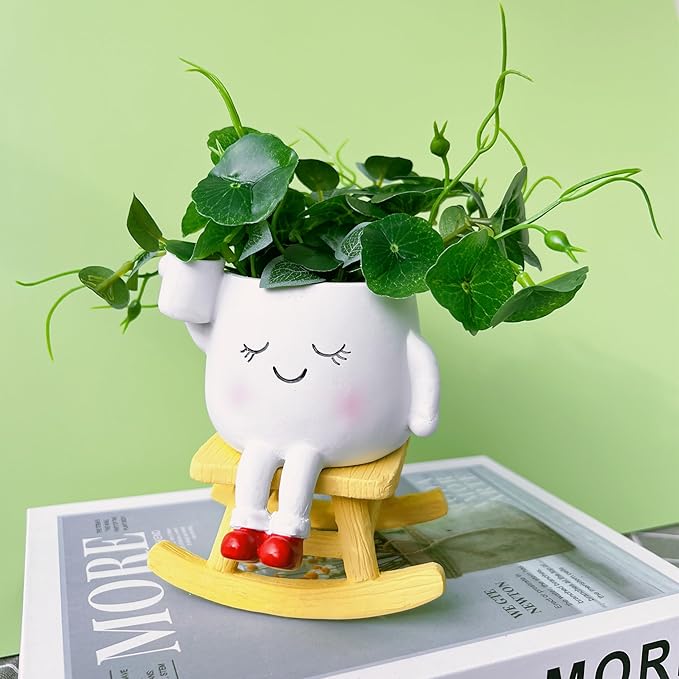 Cute Rocker Planter Small Succulent Pot Handmade Smiling Face Planter Pot Lightweight Resin Head Plant Pot with Drainage Hole 1Pack