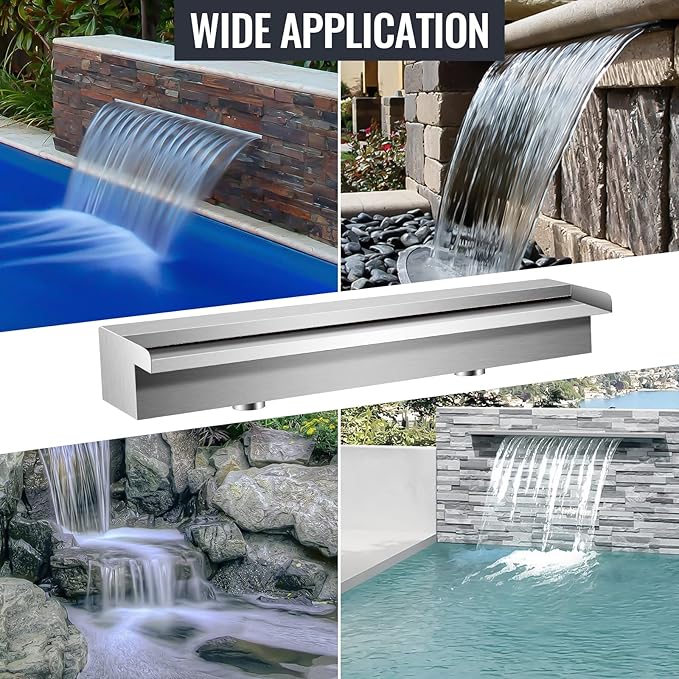 Pool Waterfall Fountains, Stainless Steel Rectangular Pool Waterfall Spillway with Pipe Connector for Indoor/Outdoor Decorative (23.6 Inch)