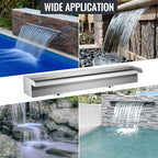 Pool Waterfall Fountains, Stainless Steel Rectangular Pool Waterfall Spillway with Pipe Connector for Indoor/Outdoor Decorative (23.6 Inch)