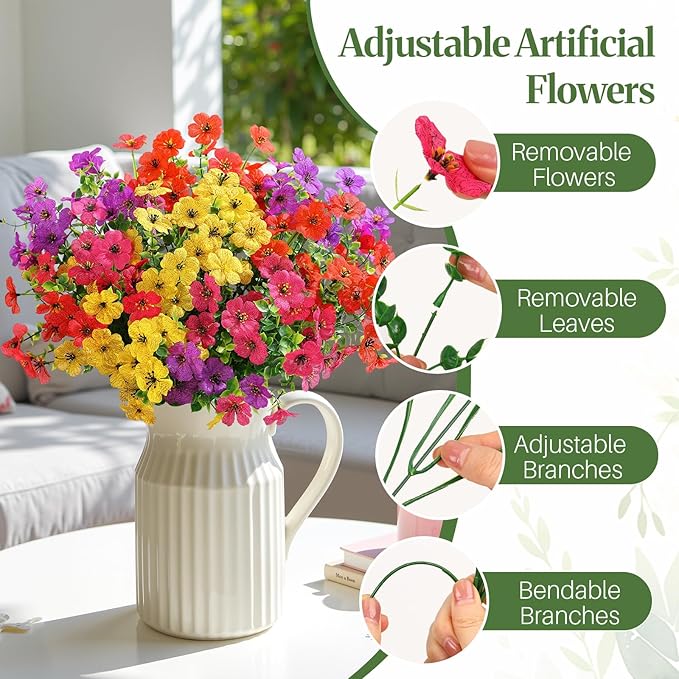 Alupssuc 48 Bundles Artificial Flowers for Outdoors Decoration, UV Resistant Silk Faux Daisy Spring Fake Plastic Plants Greenery for Outside Indoor Yard Home Porch Window Box Decor(Upgrade 4 Colors)