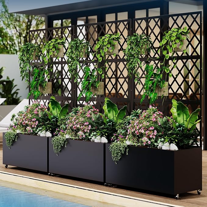 IDEAHOUSE Steel Raised Garden Bed w/Trellis & Privacy Screen - 71x35x16 in Planter Box w/Lockable Casters, Drainage Holes for Vines, Vegetables on Patio, Deck, Yard, Black