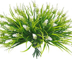 obbsie 12 Bundles Artificial Plants Outdoor, 18.2" UV Resistant Faux Monkey Grass Greenery Stems No Fade Faux Plastic Flowers Shrubs for Home Weddings Garden Porch Front Patio Office Decor- White